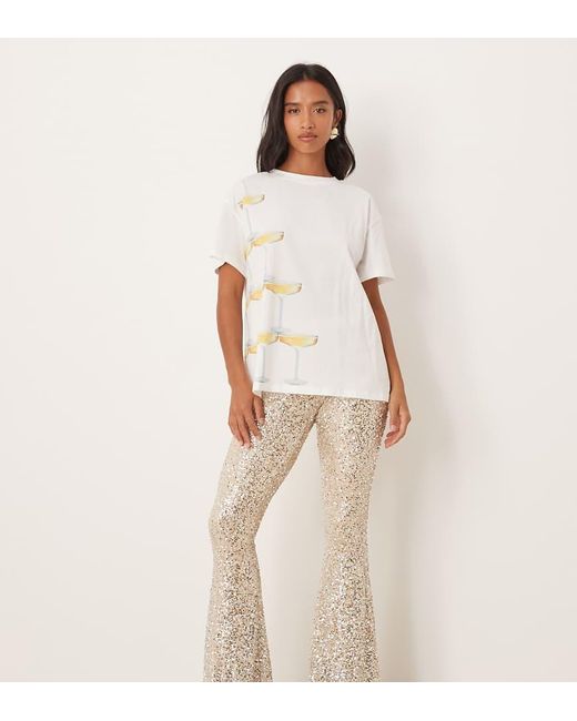 Never Fully Dressed Natural Petite Sequin Flared Trouser Co-ord
