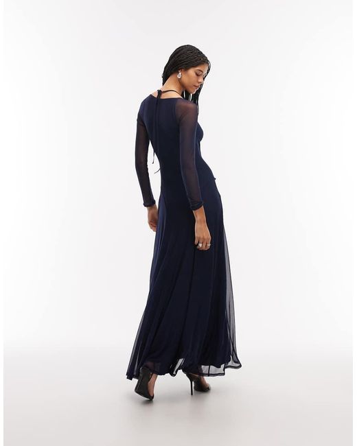 ASOS Blue Mesh Long Sleeve Maxi Dress With Exposed Seam Detail