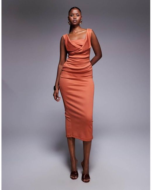 ASOS Red Square Neck Pleat Bust Midi Pencil Dress