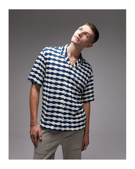 Topman Blue Short Sleeve Crochet Shirt for men