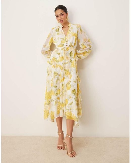 Vestito Con Stampa Di Limoni, Gonna Al Polpaccio E Volant Asimmetrici di Forever New in Yellow