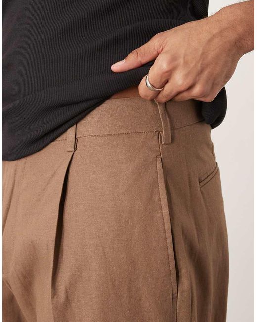 ASOS Nette Broek Van Linnenmix Met Wijde Pijpen En Plooi Aan De Voorkant in het Brown voor heren