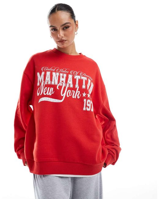 ASOS Red Oversized Sweatshirt With Manhattan Graphic