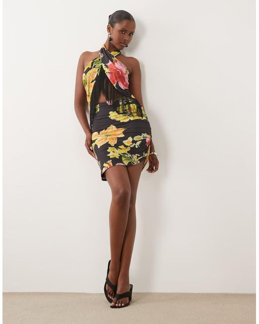 ASOS White Halter Fringed Print Floral Mini Dress