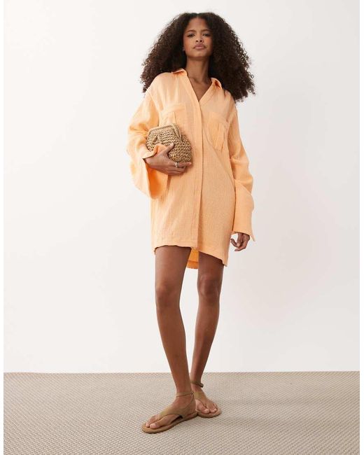 ASOS Orange Double Cloth Mini Shirt Dress With Wide Cuffs And Oversized Pockets