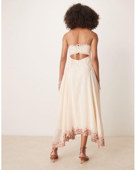 ASOS Natural Contrast Embroidered Cami Midi Dress With Ladder Trim Details
