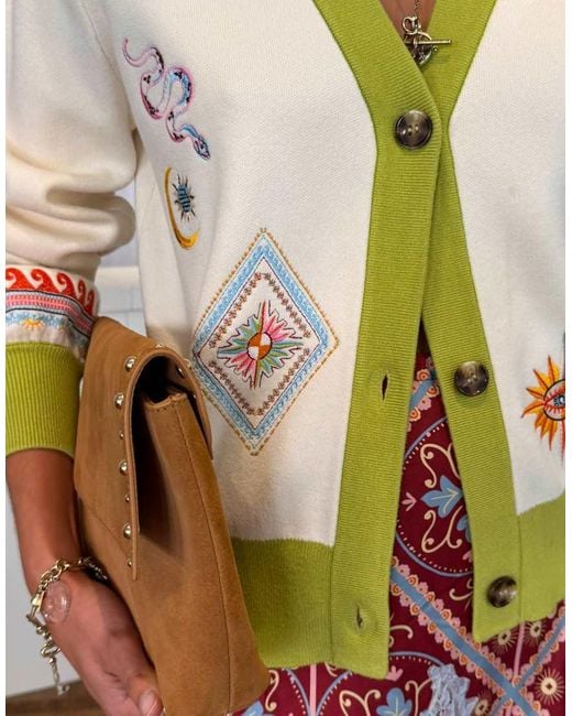 Never Fully Dressed Multicolor V Neck Button Down Embroidered Knit Cardigan