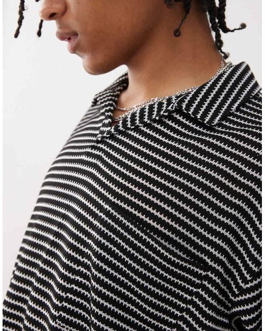 Reclaimed Vintage Gray Textured Jersey Striped Short Sleeve Resort Polo Top for men