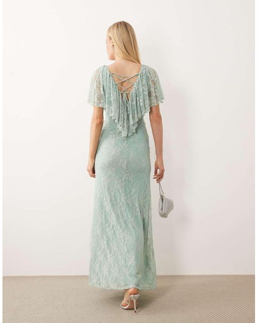 ASOS Green Ruffle Detail V Neck Lace Maxi Dress