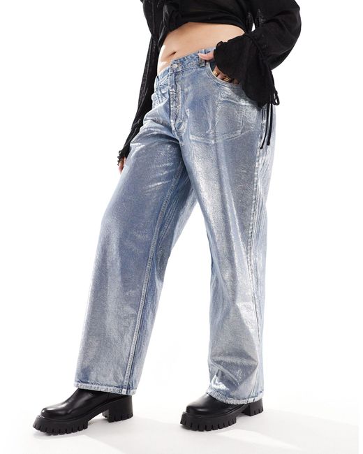 Asos design curve - jeans boyfriend ampi argento metallizzato di ASOS in Blue