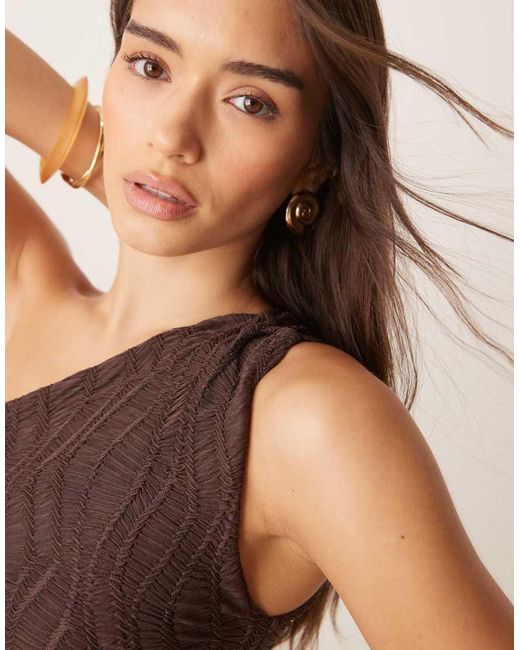 ASOS Brown Textured One Shoulder Top With Asymmetric Hem And Ruching Detail