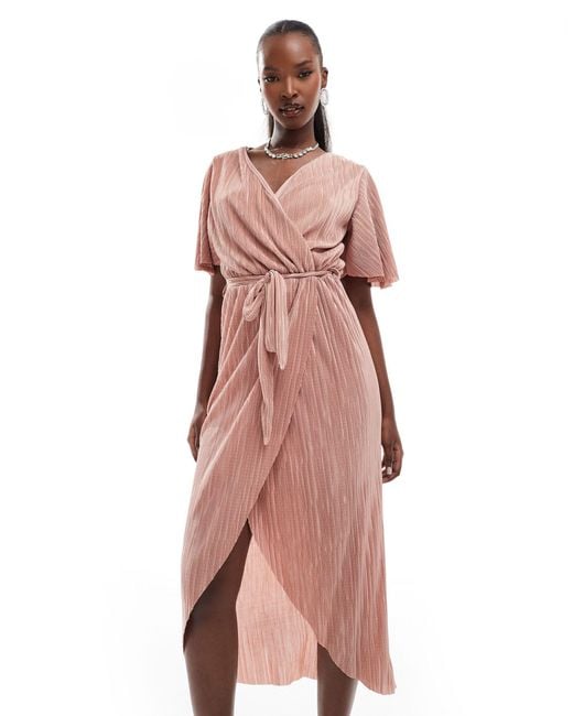AX Paris Pink Short Sleeve Wrap Plisse Midi Dress