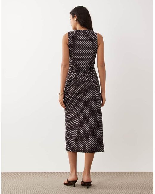 Ghospell Brown Mesh Overlay Sleeveless Ruched Detail Slinky Midi Dress