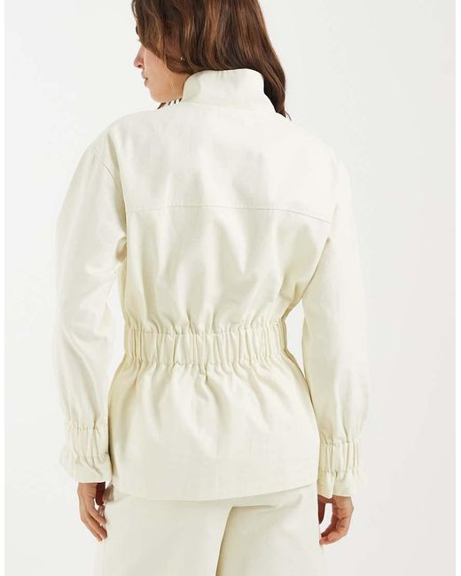 4th & Reckless Natural Cotton Funnel Neck Button Through Shirred Waist Detail Waist Jacket Co-ord