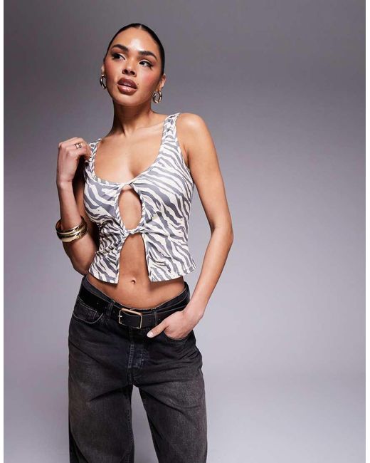 Liquor N Poker Gray Zebra Cut Out Vest Top