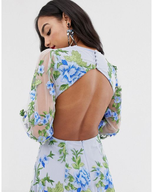 ASOS Embroidered Maxi Dress With Open Back in Blue