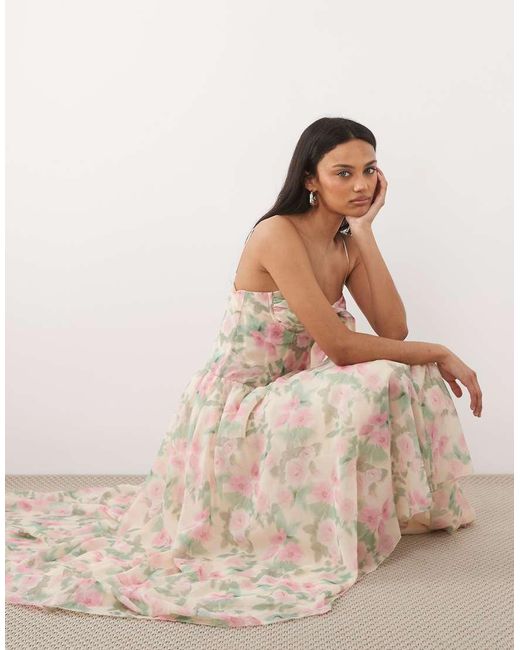 For Love & Lemons Natural Lilou Underwire Corset Detail Asymmetric Floaty Hem Maxi Dress