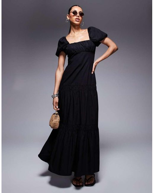 River Island Blue Puff Sleeve Milkmaid Midi Dress