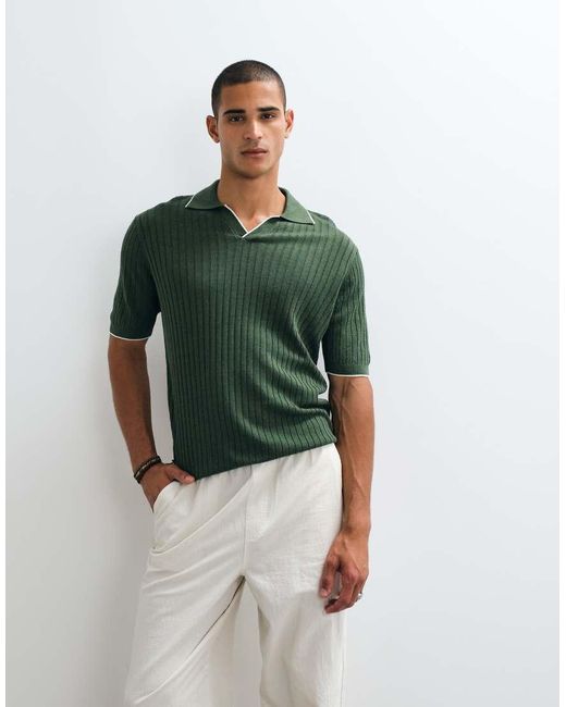 Mango Green Knitted Revere Collar Contrast Tipping Polo Top for men