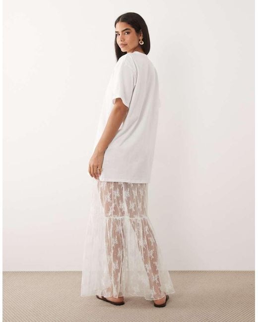 Fashionkilla White Exclusive Cotton Lace Tiered Hem Maxi T-shirt Dress