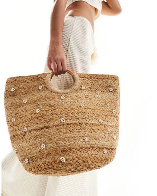 Glamorous Natural Large Beach Grab Bag With Pearl Embellishment