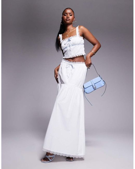 Kaiia White Exclusive Textured Lace Trim Contrast Blue Tie Detail Crop Top Co-ord