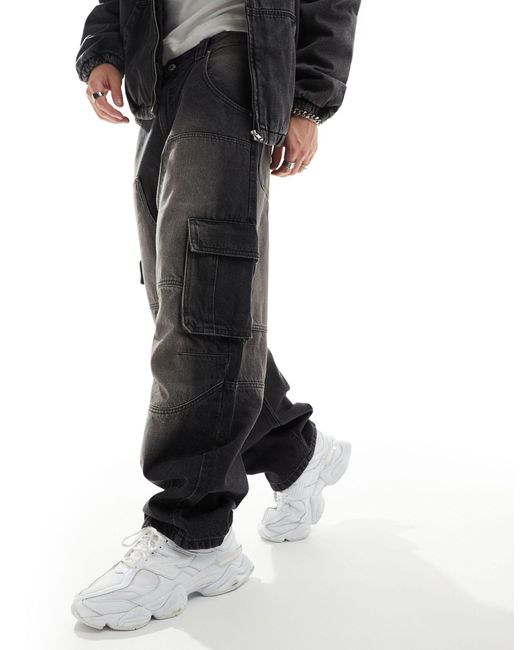 Bershka Black Skater Denim Cargo Jean for men