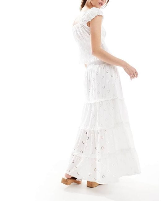 New Look White Shirred Waist Embroidered Midi Skirt