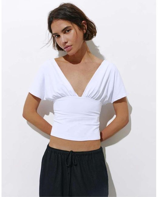 Pull&Bear White Gathered V-Neck Top