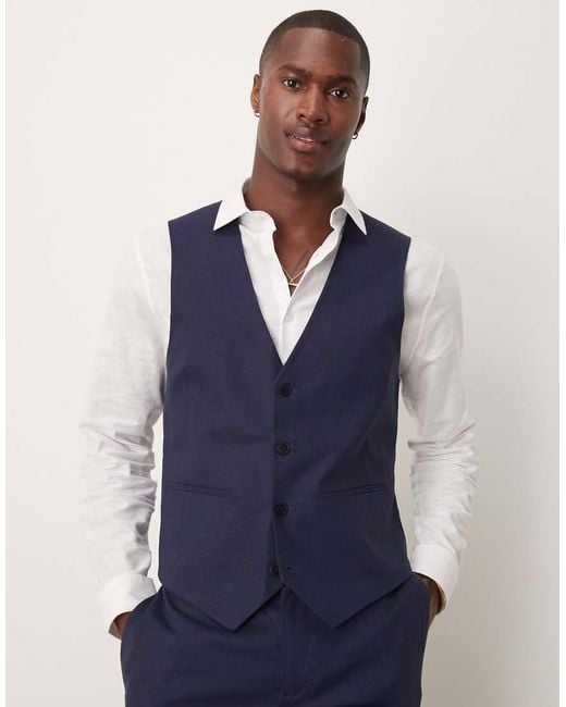 ASOS Blue Linen Blend Slim Suit Waistcoat for men