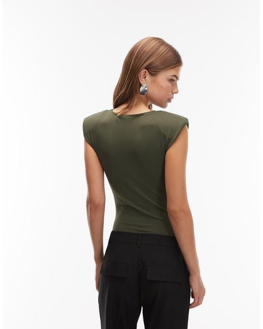 ASOS Green Slinky Sleeveless Shoulder Pad Bodysuit