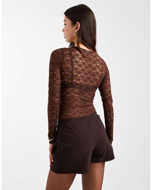 ASOS Brown – langärmliger body aus transparente spitze