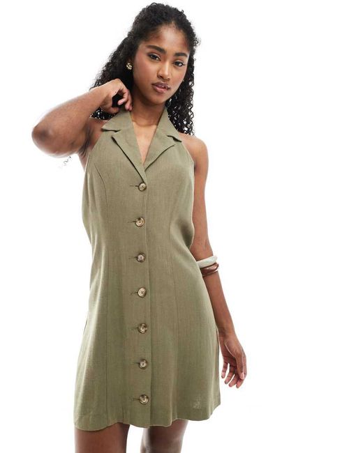 Miss Selfridge Green Linen Blend Collared Halter Mini Dress Khaki