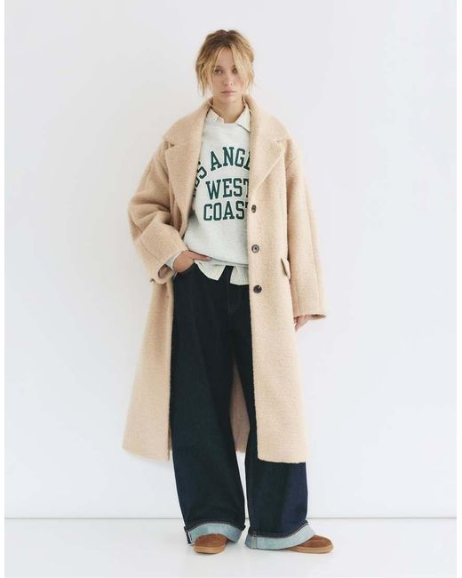 Pull&Bear White Long Bouclé Coat