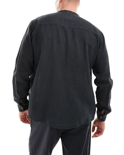 Pull&Bear Black Linen Look Long Sleeve Grandad Neck Shirt for men
