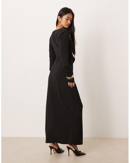 Y.A.S Black Long Ruched Sleeve Slinky Maxi Dress With Rosette Bodice