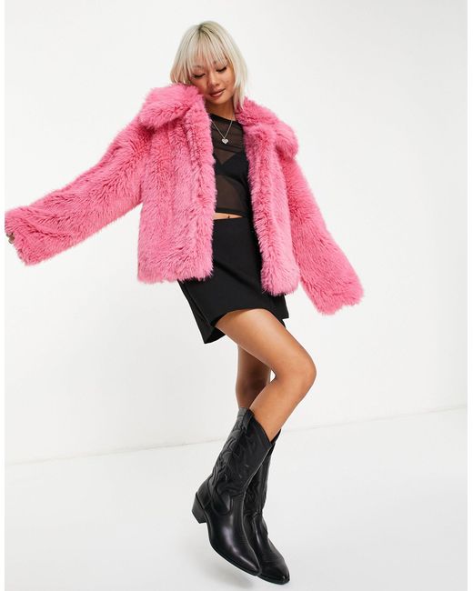 TOPSHOP Short Fur Coat in Pink | Lyst