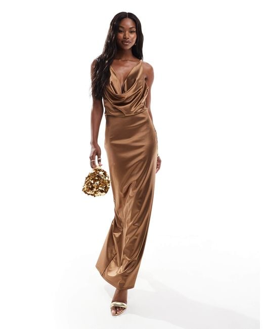 gold satin dress asos Rent Asos Design Off Shoulder Bardot Tuck Midi Dress In Satin Gold main image 0