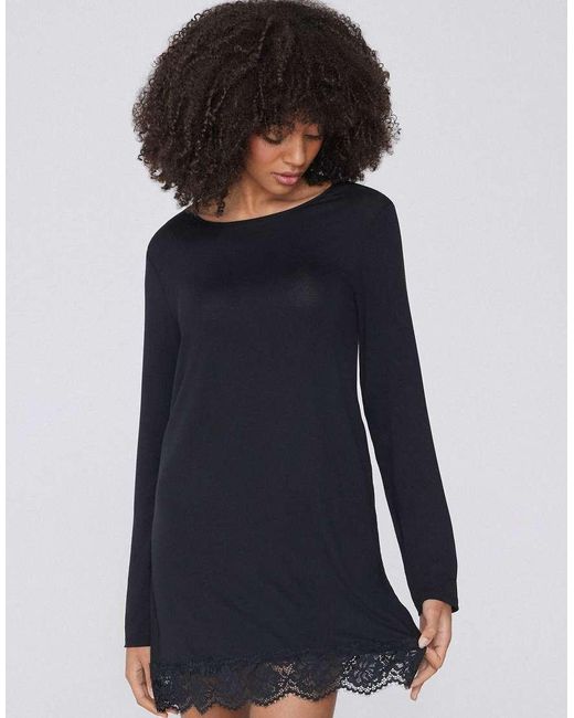 Tezenis Blue Long Sleeve Viscose And Lace Nightgown