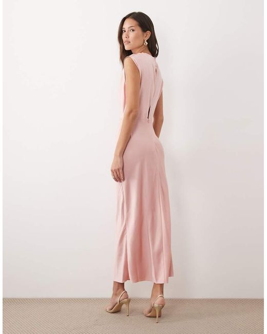 ASOS Pink Satin High Neck Pleated Bodice Midi Dress