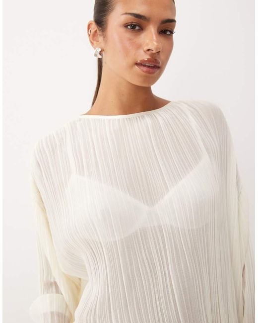 Lioness Natural Nice Nights Cuffed Sleeve Pleated Plisse Top
