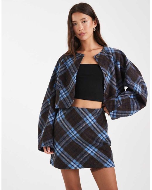 Americana Corta Azul Y Marrón A Cuadros Cepillados Con Mangas Cocoon De (Parte De Un Conjunto) ASOS de color Blue