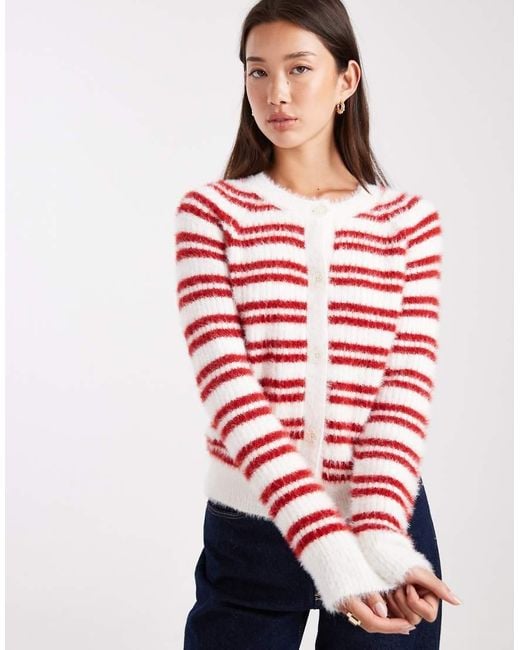 Threadbare Red Crew Neck Fluffy Cardigan