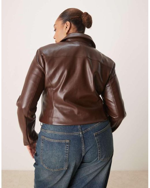 ASOS Brown Curve Tailored Faux Leather Zip Front Cropped Blazer