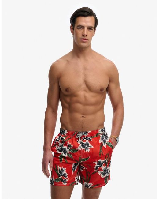 Superdry Red Hawaiian Print 16-Inch Swim Shorts for men