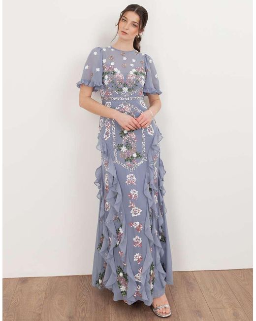 Maya White Embellished Short Sleeve Ruffle Maxi Dress
