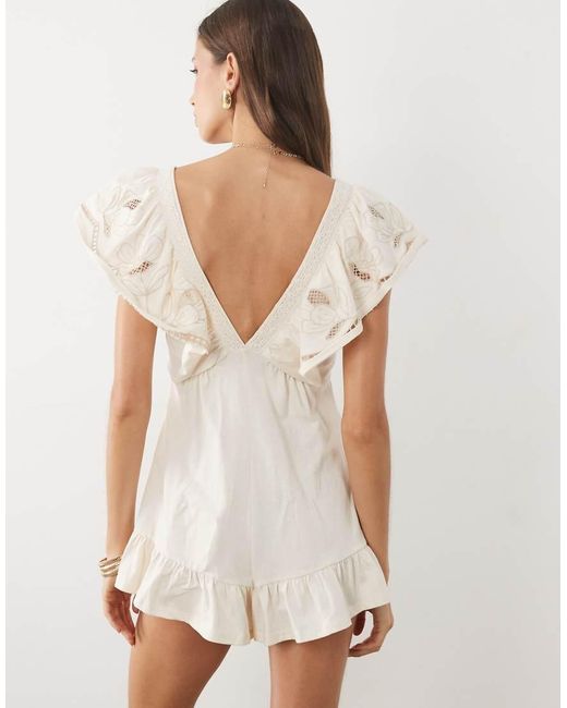 Miss Selfridge White Embroidered Ruffle Playsuit
