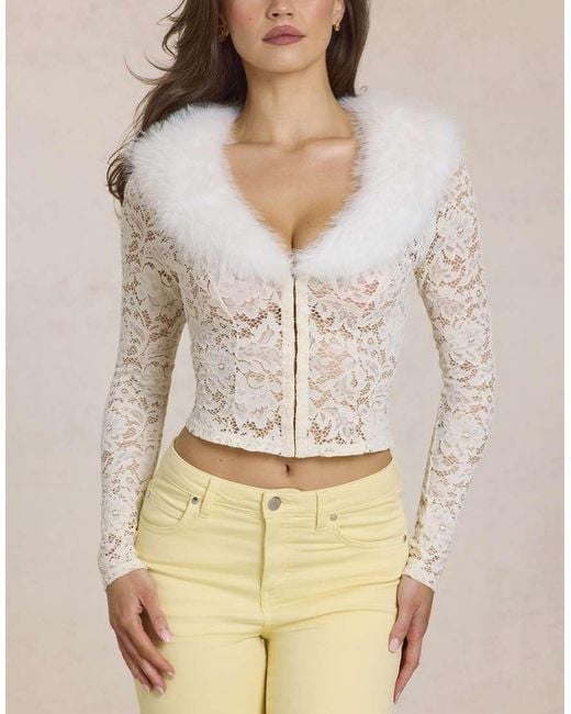 Oh Polly White Faux Fur Collar Lace Cardigan