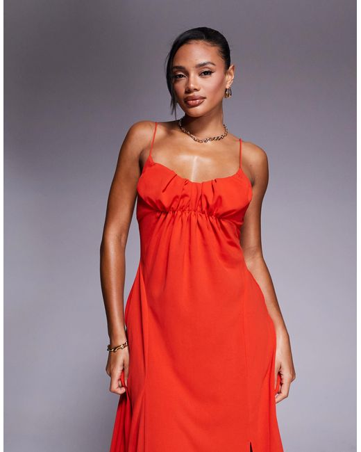 ASOS Red Gathe Bust Strappy Cross Back Midi Dress