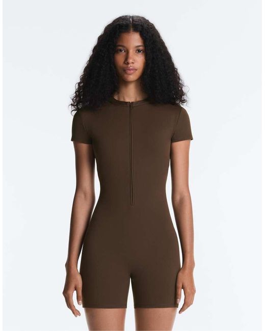 Oysho Brown Comfortlux Short Zip Jumpsuit